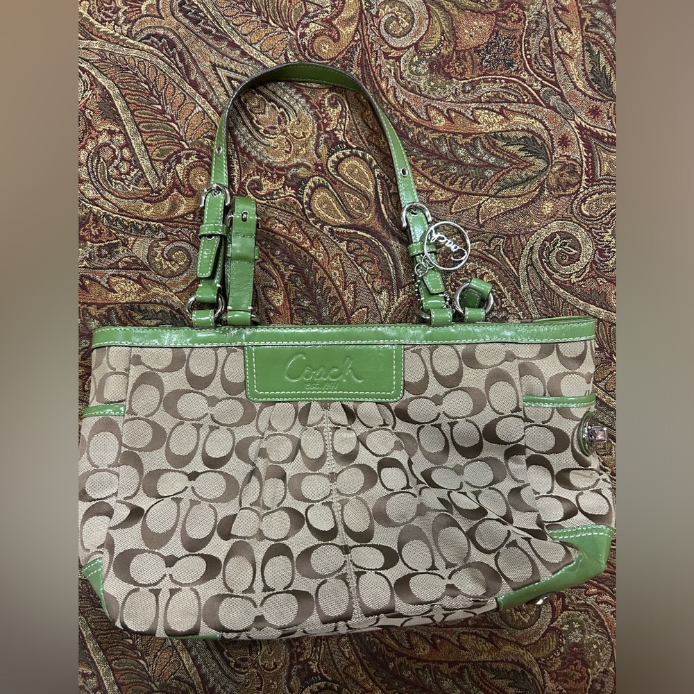 Brown and Green Coach purse that’s been worn twice.